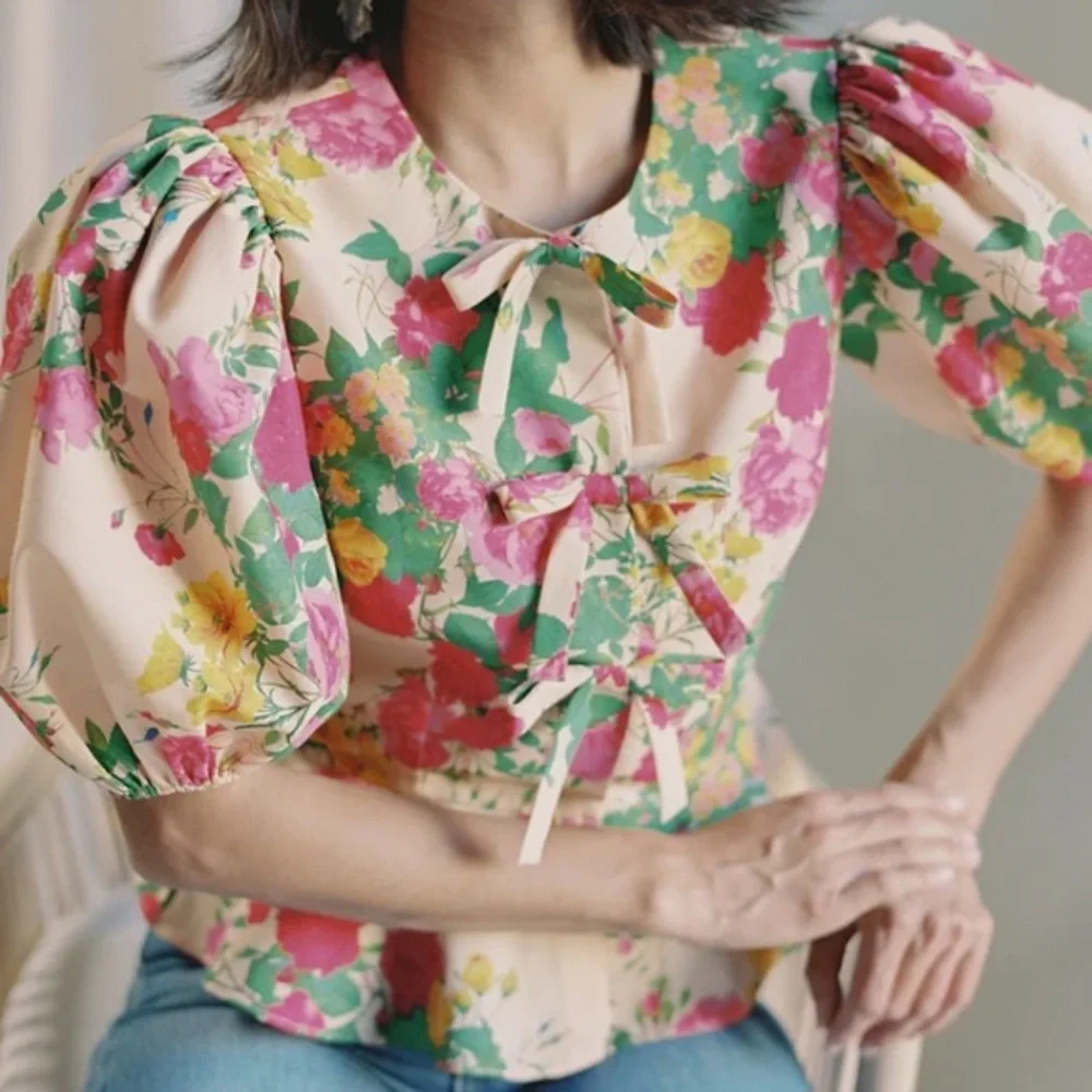 Damaris Bailey "Judy Top" or "Mangos" Floral Peplum Top Butter Yellow XS